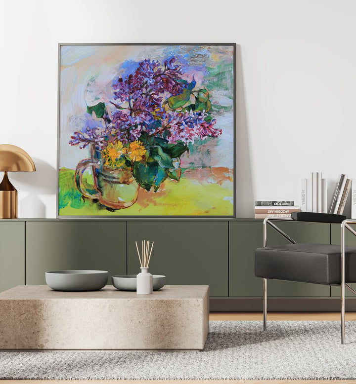 Stunning SMALL LILAC, FLORAL FLOWER PAINTINGS adorn a stylish room, offering elegance and vibrant color.