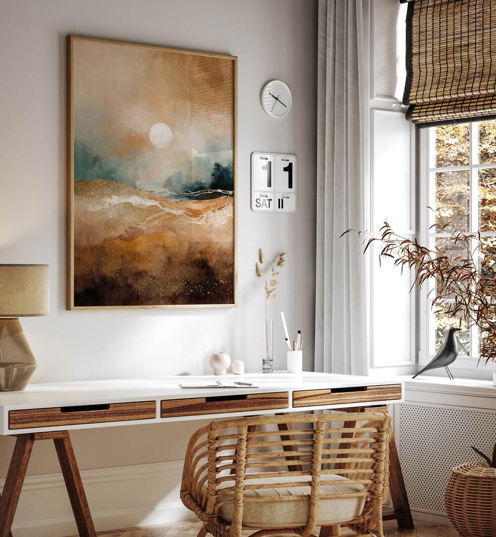 Tranquil Sunrise Over Misty Hills, abstract paintings, enhancing serene home office decor with calming hues.