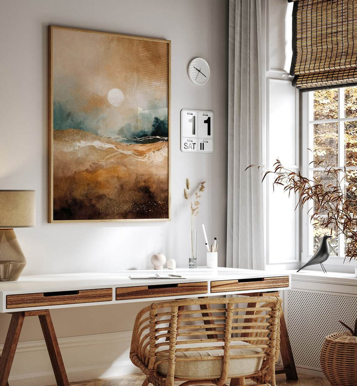 Tranquil Sunrise Over Misty Hills, abstract paintings, enhancing serene home office decor with calming hues.