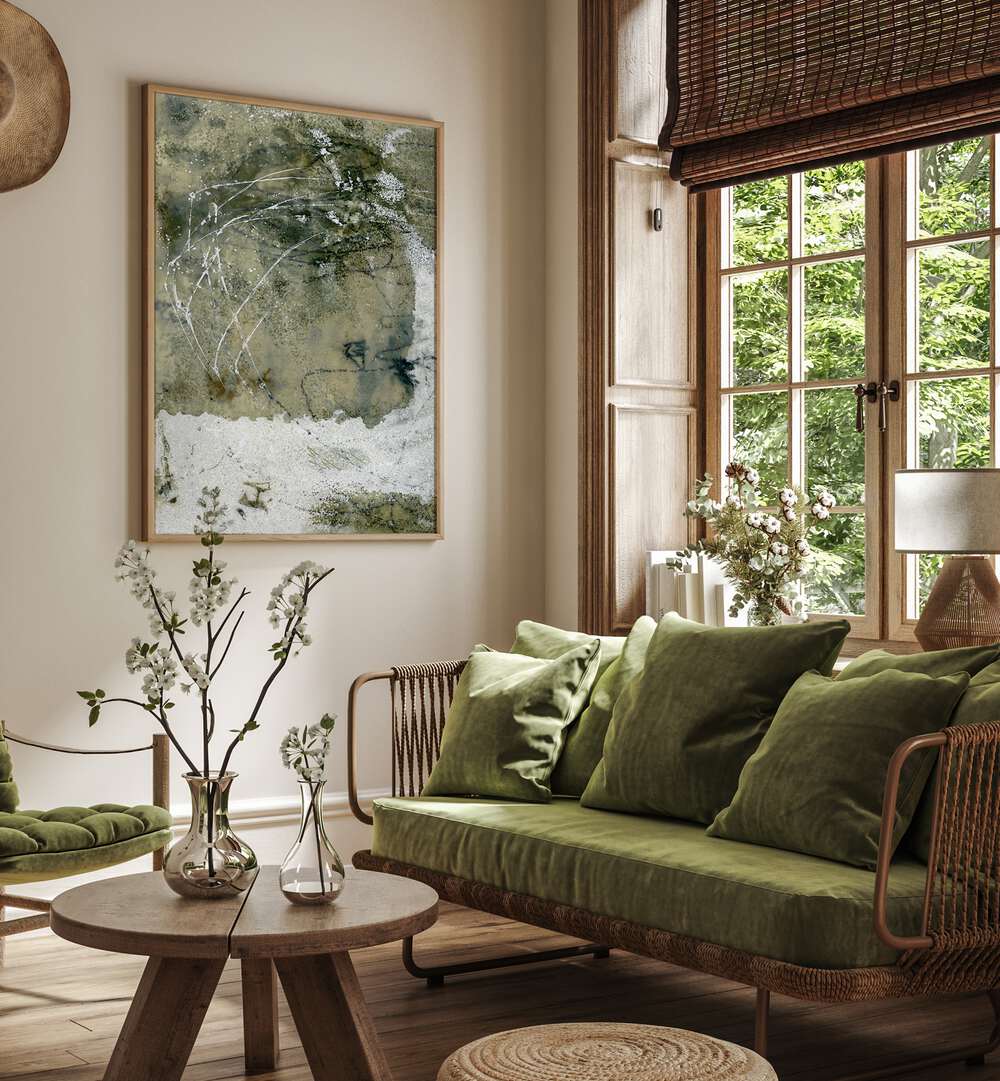 Stunning LAYERS AND MARKS II, ABSTRACT PAINTINGS adorn a cozy living space, enhancing creativity and artistic expression.