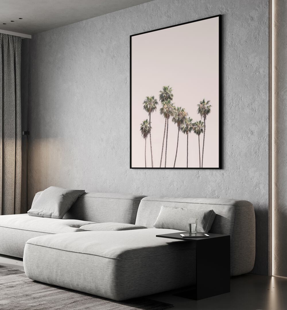 Stunning BLUSH PALMS, BEACH PAINTINGS adorn a modern living space, enhancing the tropical decor vibe beautifully.