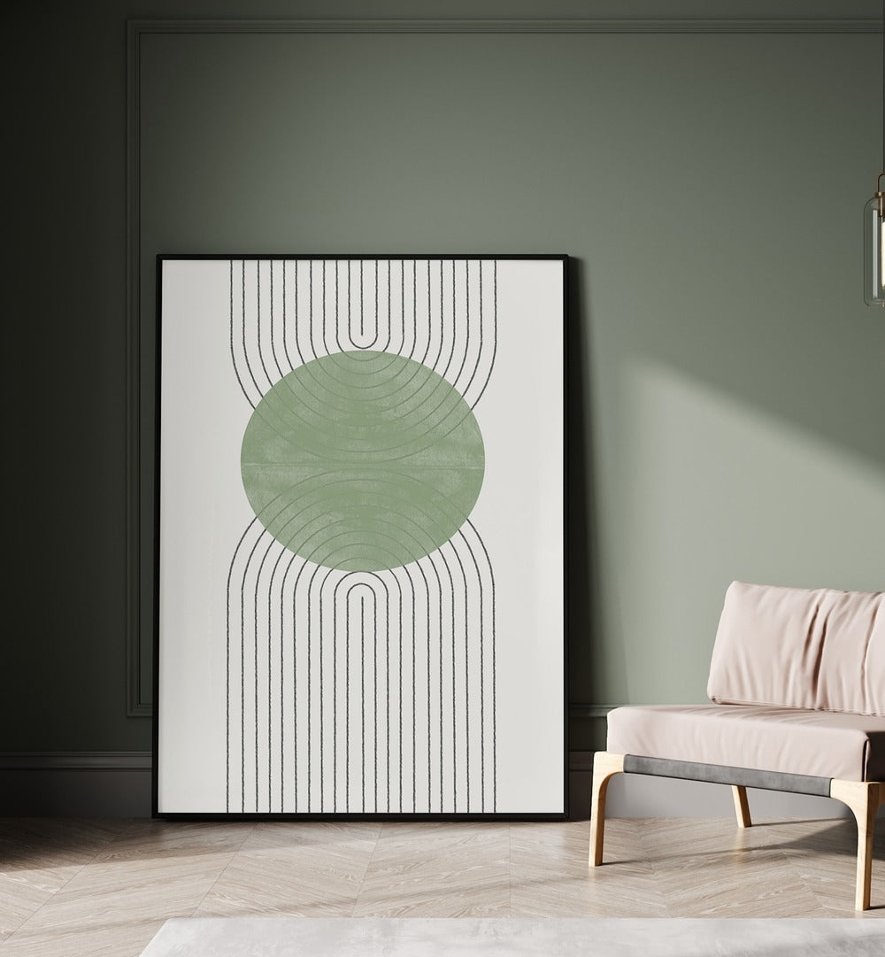 Stylish GREEN MOON II, GEOMETRIC ART PRINTS by THE MIUUS STUDIO enhances any decor with vibrant colors and shapes.