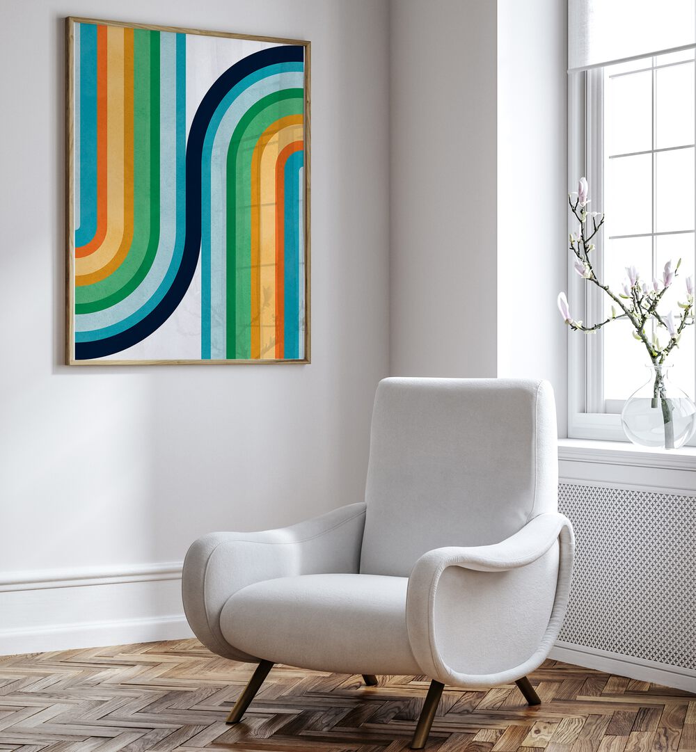 Colorful CURVED LINES II, GEOMETRIC ART PRINTS enliven your space with vibrant, fluid designs in a stylish setting.