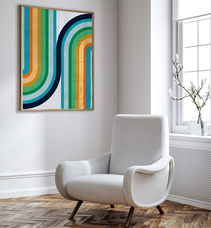 Colorful CURVED LINES II, GEOMETRIC ART PRINTS enliven your space with vibrant, fluid designs in a stylish setting.