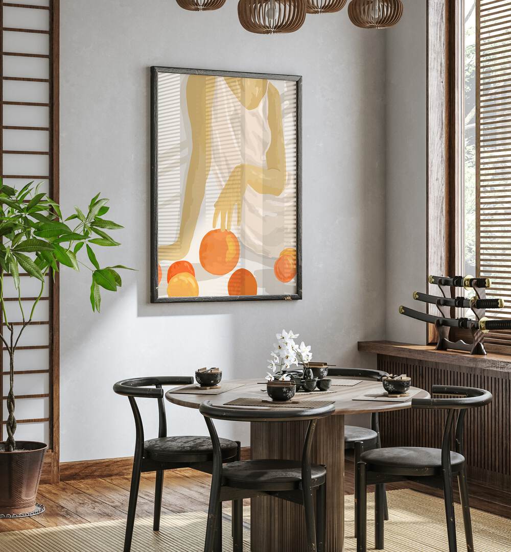 Stylish dining area featuring TANGERINE GRACE, PORTRAITS artwork, blending elegance with vibrant citrus tones.