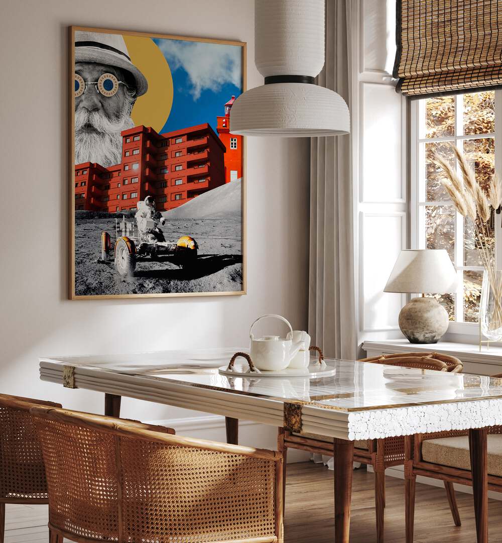 Stylish living room featuring the UNIVERSE, SURREAL ART PRINTS, enhancing modern decor with vibrant artistry.