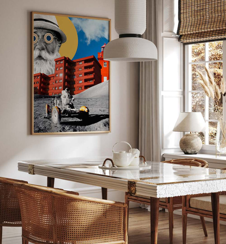Stylish living room featuring the UNIVERSE, SURREAL ART PRINTS, enhancing modern decor with vibrant artistry.