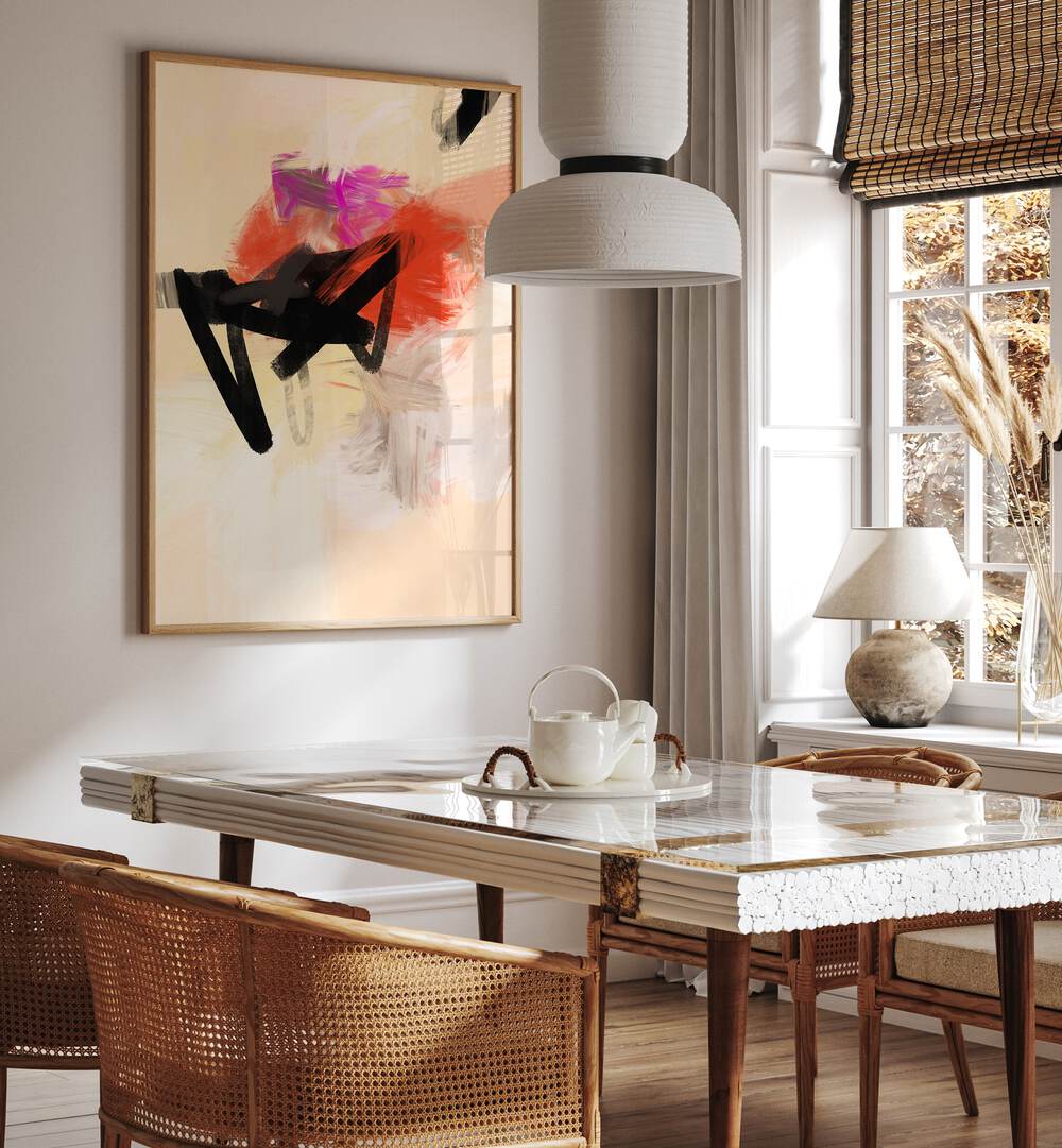 Stylish dining area featuring MIND TRIP I, ABSTRACT PAINTINGS, enhancing creativity and relaxation in any space.