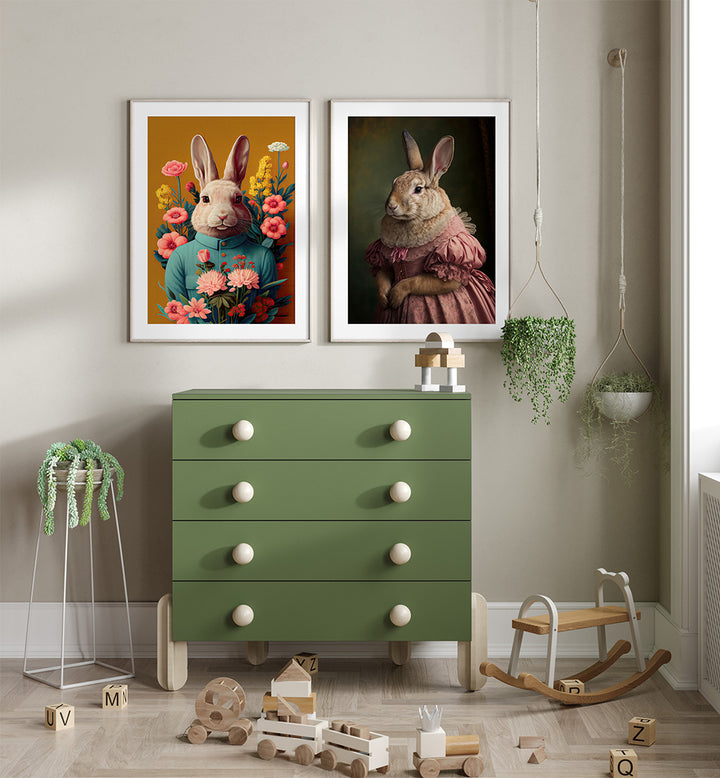 BUNNY GET TOGETHER , SET OF 2 PAINTINGS