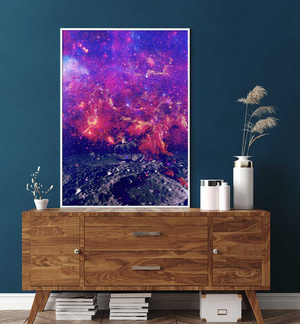 Vibrant SPACE COWBOY, SURREAL ART PRINTS displayed in a modern setting, perfect for any contemporary home.