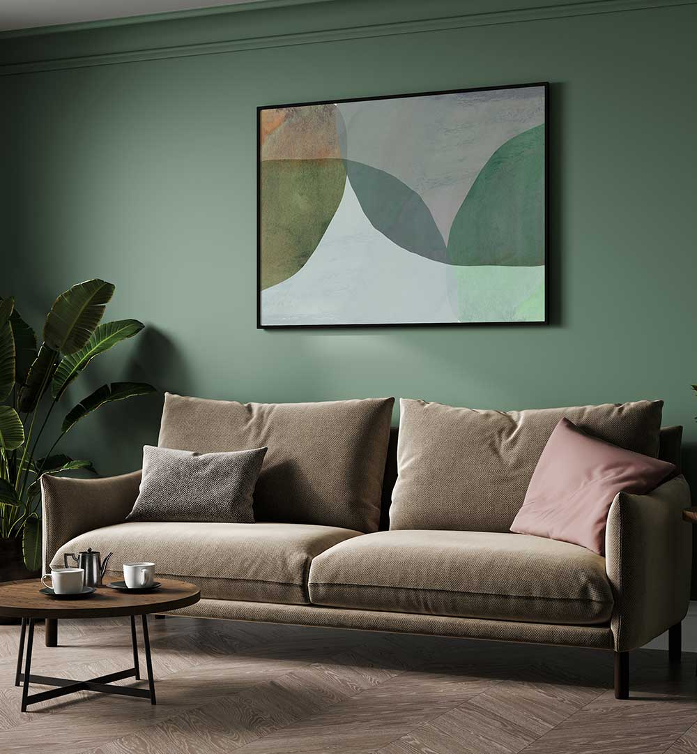 Stylish living room featuring EARTHENWARE SURFACES I, ABSTRACT PAINTINGS, enhancing the space with vibrant colors.