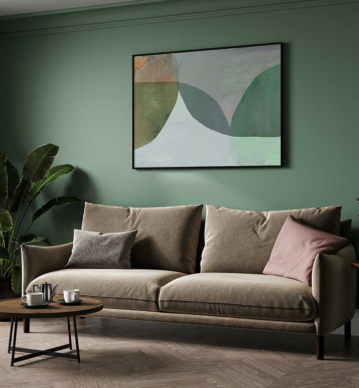 Stylish living room featuring EARTHENWARE SURFACES I, ABSTRACT PAINTINGS, enhancing the space with vibrant colors.