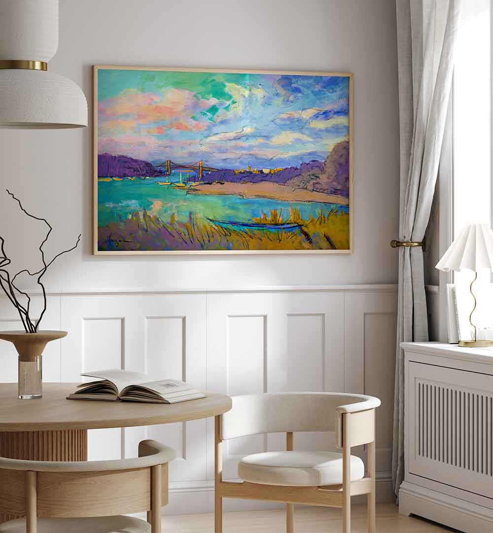 Framed SERENE RIVER SKIES , LANDSCAPE PAINTINGS: colorful river vista and expansive sky in a modern neutral dining room