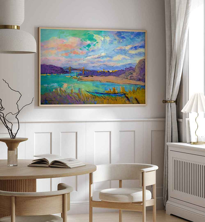 Framed SERENE RIVER SKIES , LANDSCAPE PAINTINGS: colorful river vista and expansive sky in a modern neutral dining room