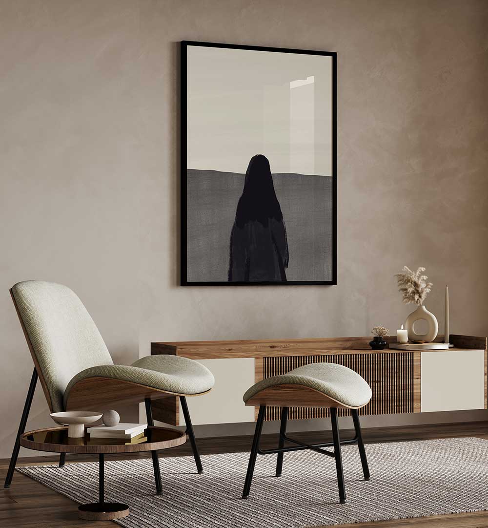 STANDING AGAINST A SERENE , ABSTRACT PAINTINGS