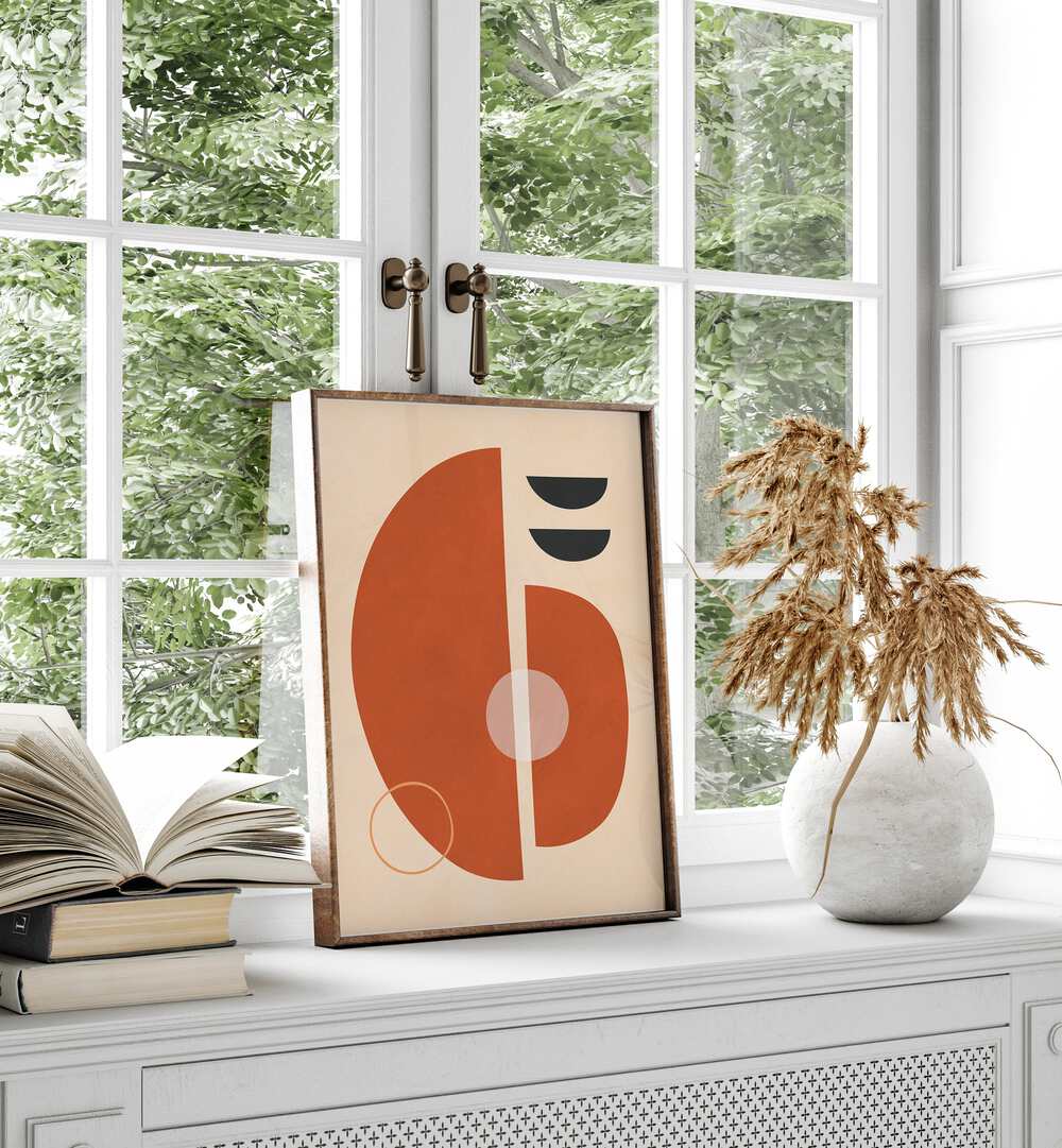 Stylish SEMICIRCLES IV, BOHO ART PAINTINGS displayed on a shelf, enhancing modern decor with vibrant colors.