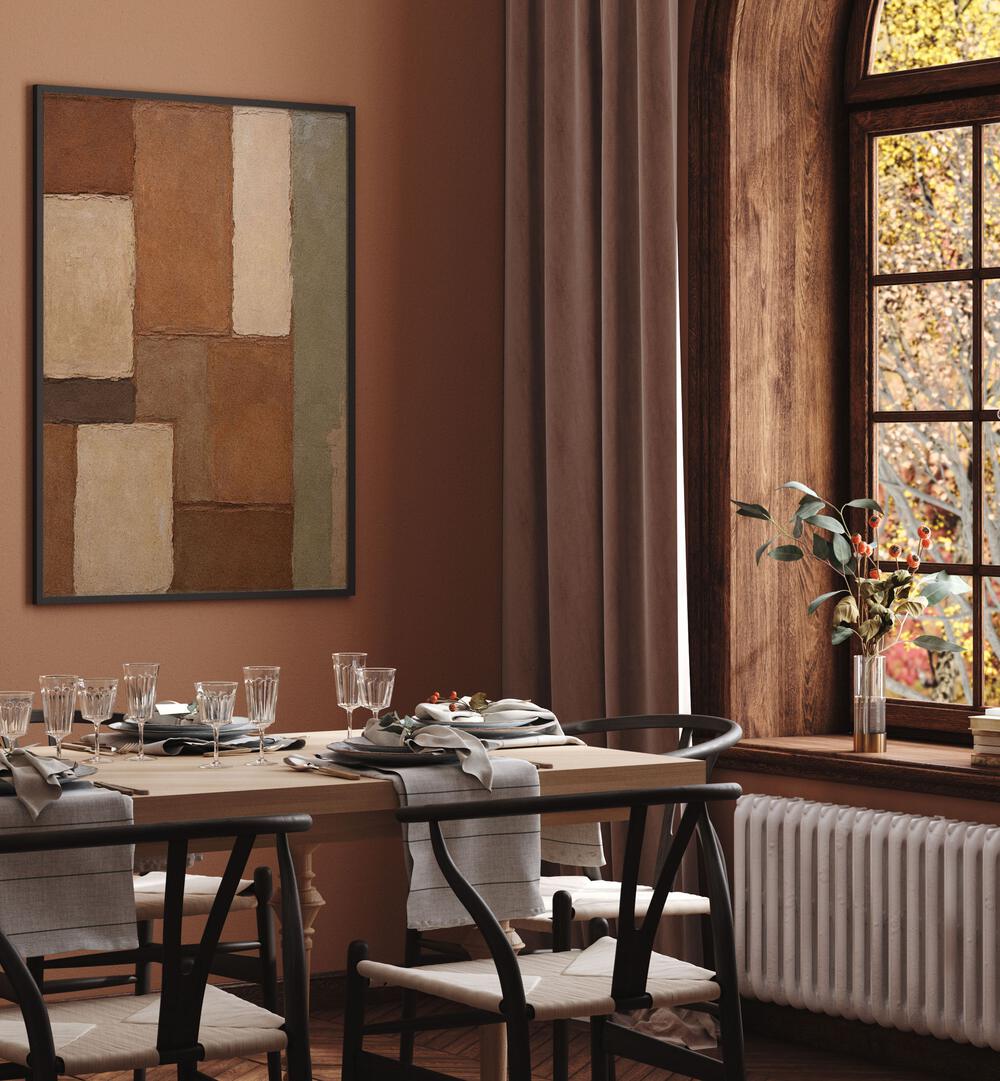 ARCILLA, ABSTRACT PAINTINGS adorn a stylish dining area, enhancing modern decor with vibrant color and form.