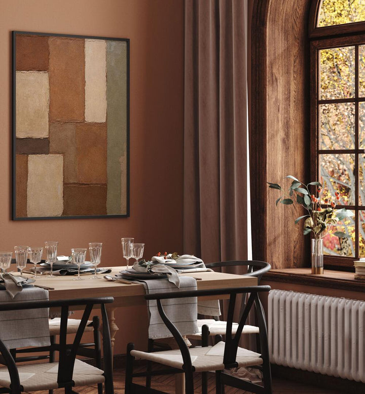 ARCILLA, ABSTRACT PAINTINGS adorn a stylish dining area, enhancing modern decor with vibrant color and form.