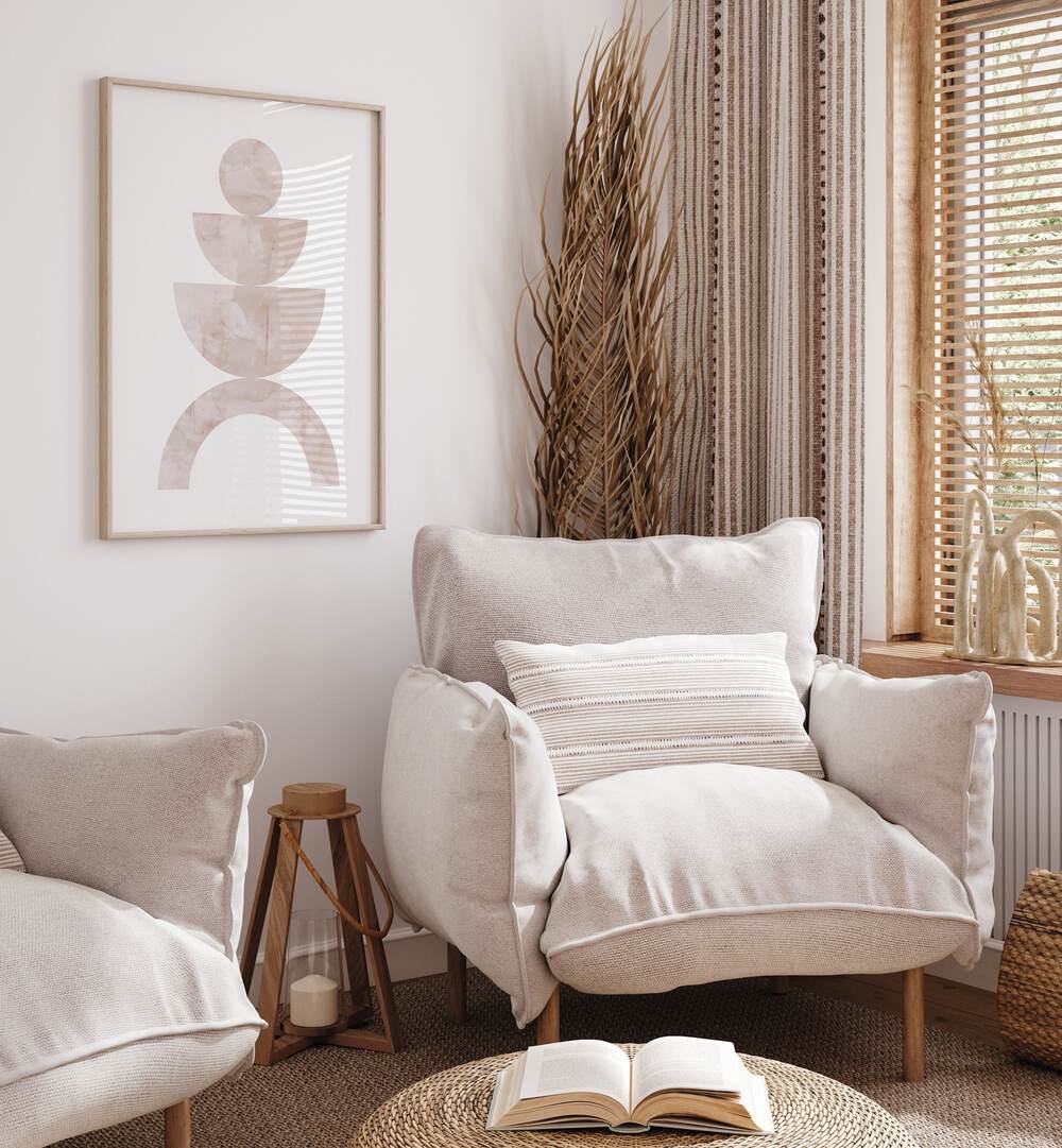 Stylish interior featuring WATERCOLORS V, BOHO ART PAINTINGS, enhancing the cozy atmosphere with vibrant artistry.