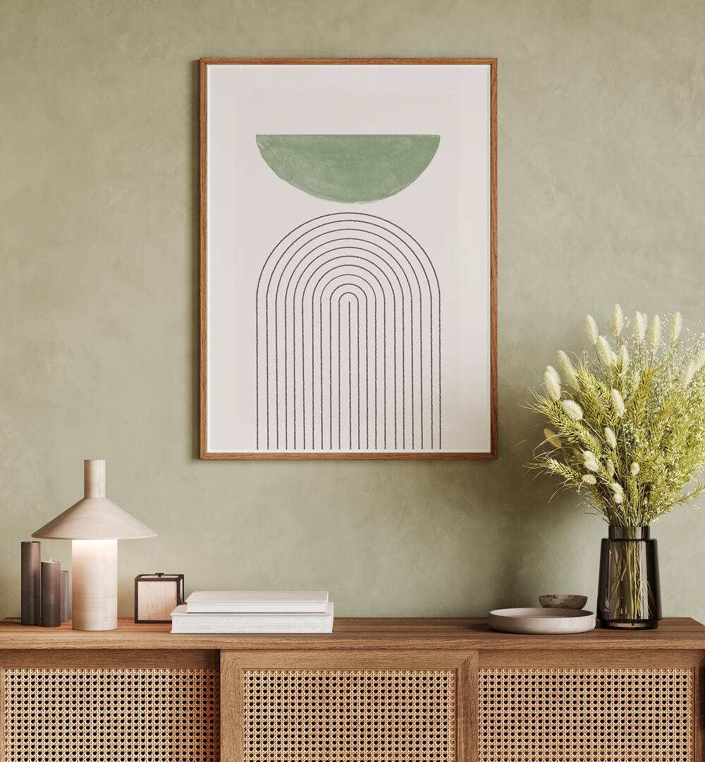 Stylish GREEN MOON III, BOHO ART PAINTINGS by THE MIUUS STUDIO enhances contemporary interiors with vibrant design.