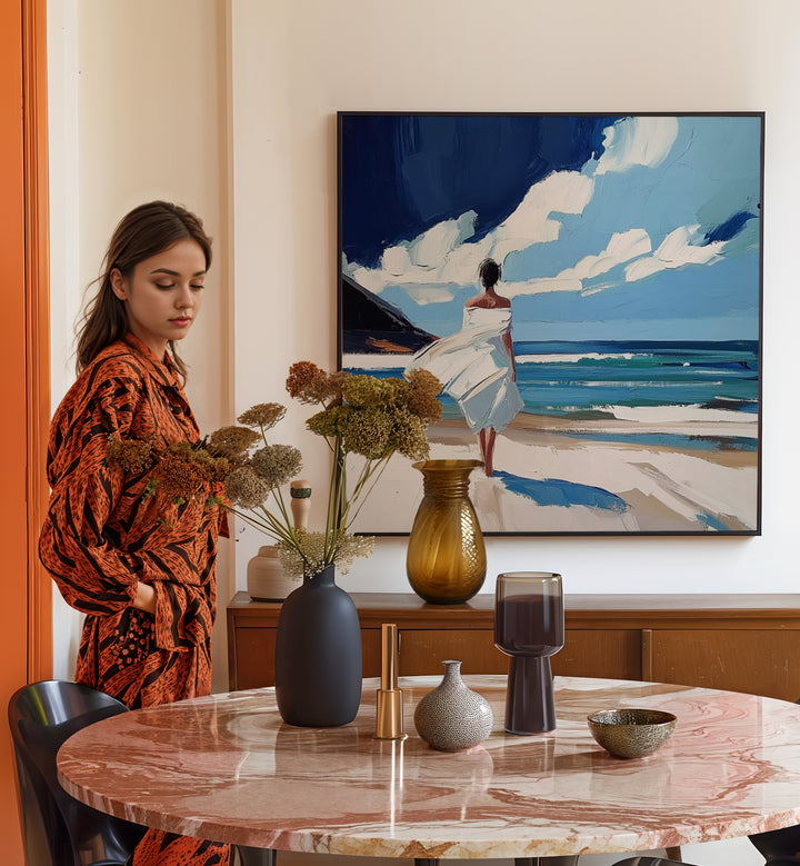 Serene artwork featuring a WOMAN WALKING ON THE BEACH, perfect for adding a coastal vibe to your home decor.