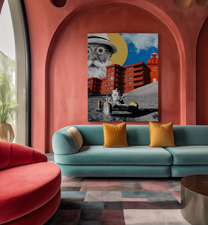 Vibrant UNIVERSE, SURREAL ART PRINTS displayed in a stylish modern living room, enhancing contemporary decor.