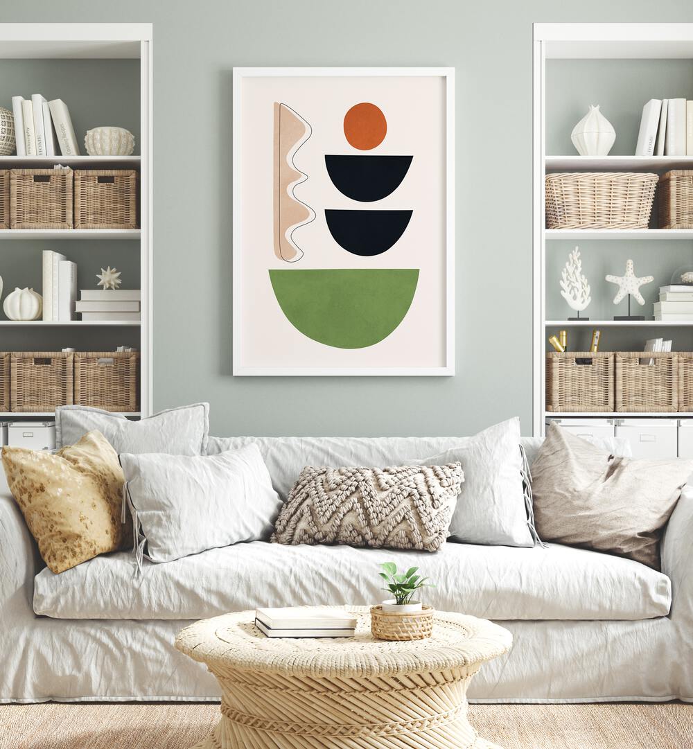 Bright and modern living room featuring EXPRESSIVE VII, GEOMETRIC ART PRINTS, perfect for enhancing any artistic space.