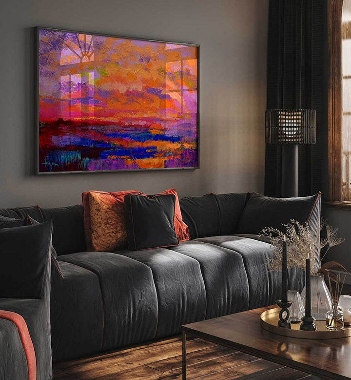 Framed abstract sunset over coastal scene above sofa in modern living room — SUNSET HUES , LANDSCAPE PAINTINGS