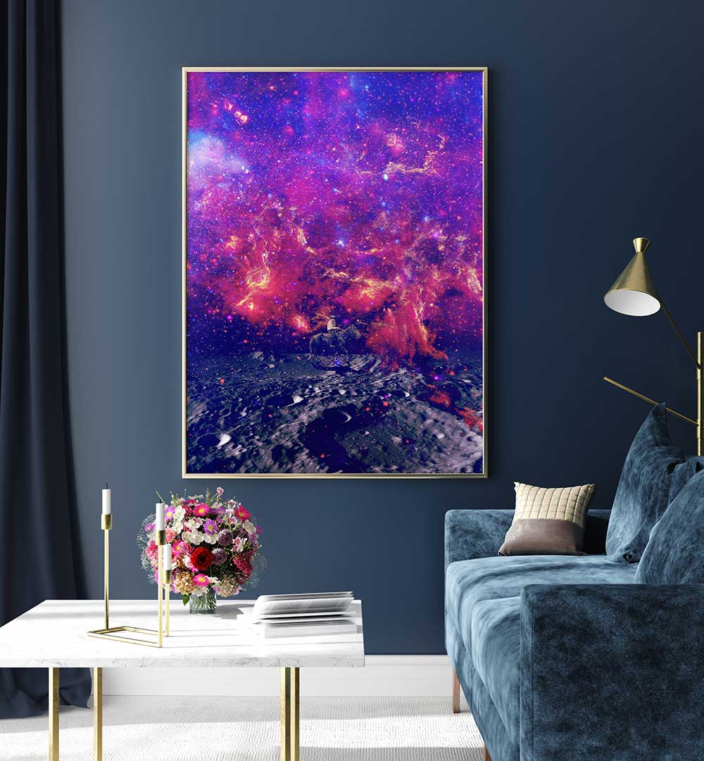 Vibrant SPACE COWBOY, SURREAL ART PRINTS displayed in a modern living room, showcasing cosmic colors and textures.