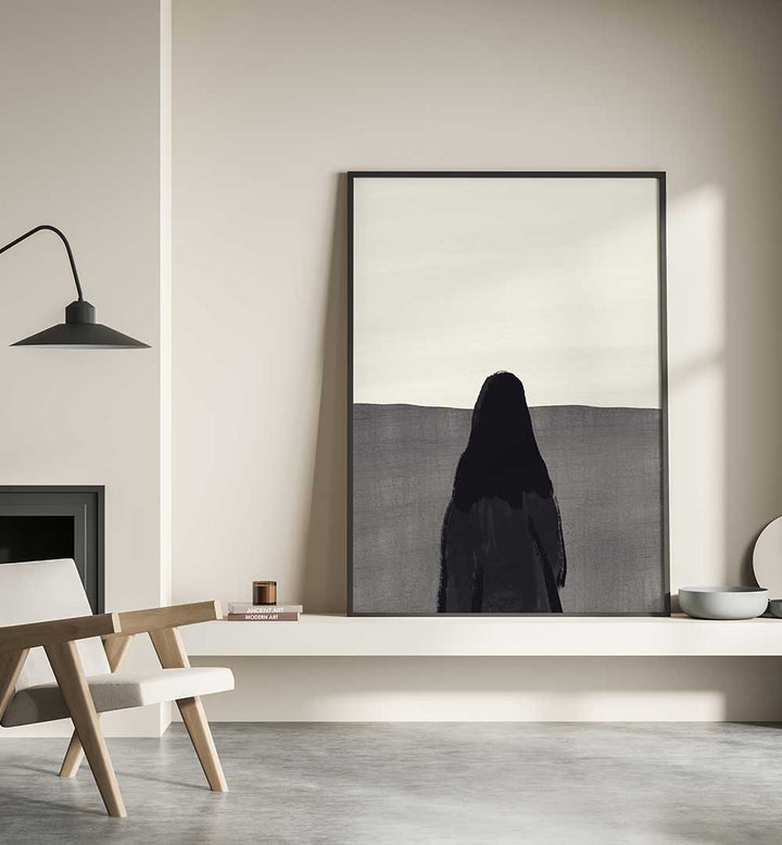 STANDING AGAINST A SERENE , ABSTRACT PAINTINGS