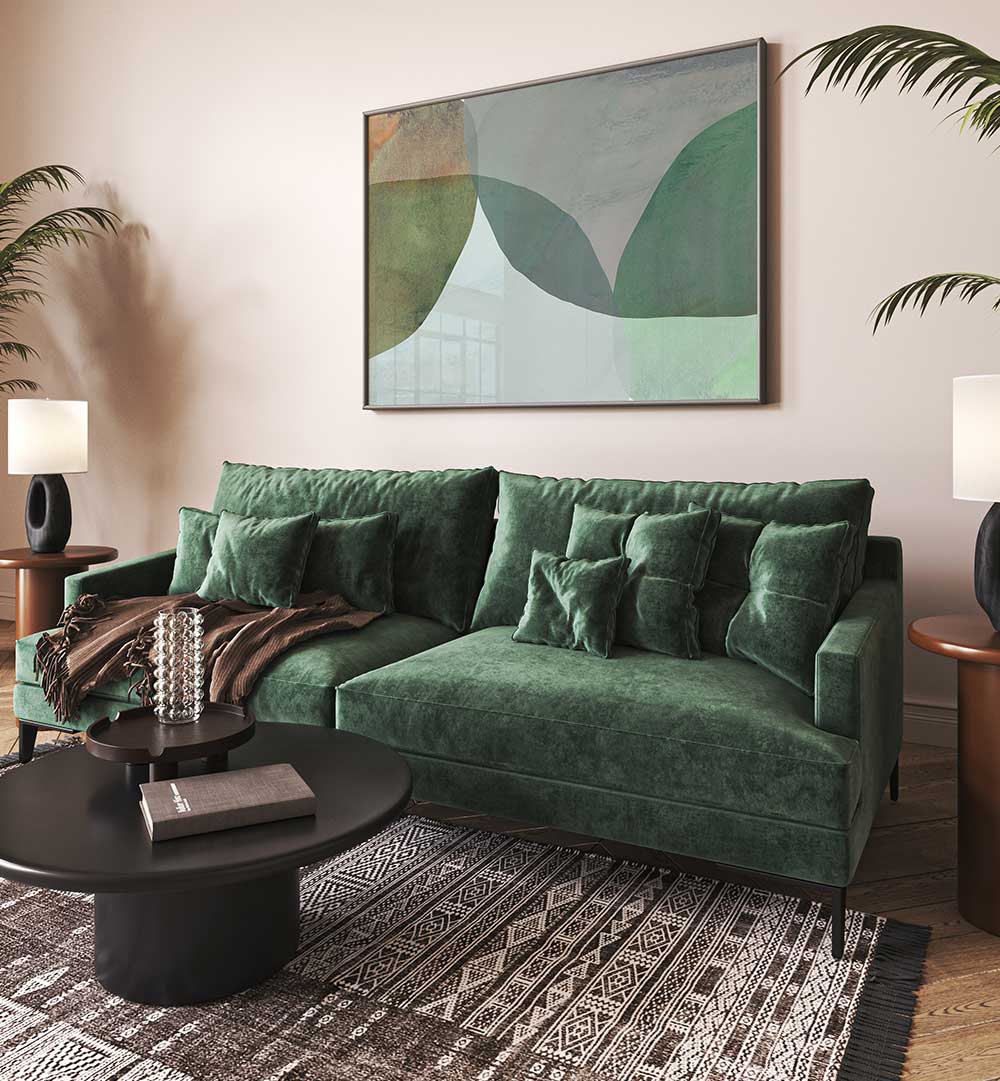 Stylish living room featuring EARTHENWARE SURFACES I, ABSTRACT PAINTINGS, enhancing the vibrant decor with modern art.
