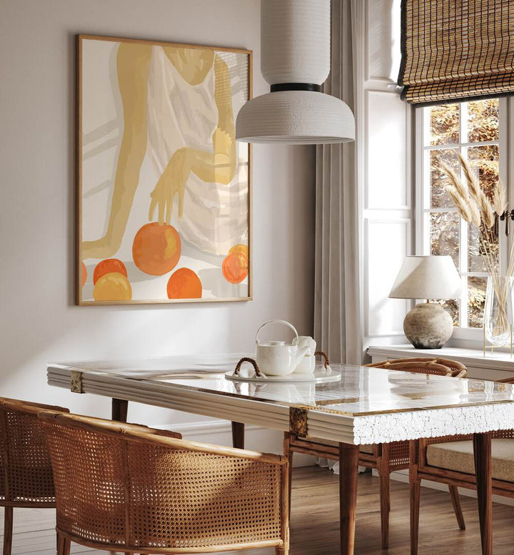 Bright and elegant dining space featuring TANGERINE GRACE, PORTRAITS artwork with citrus-inspired decor.
