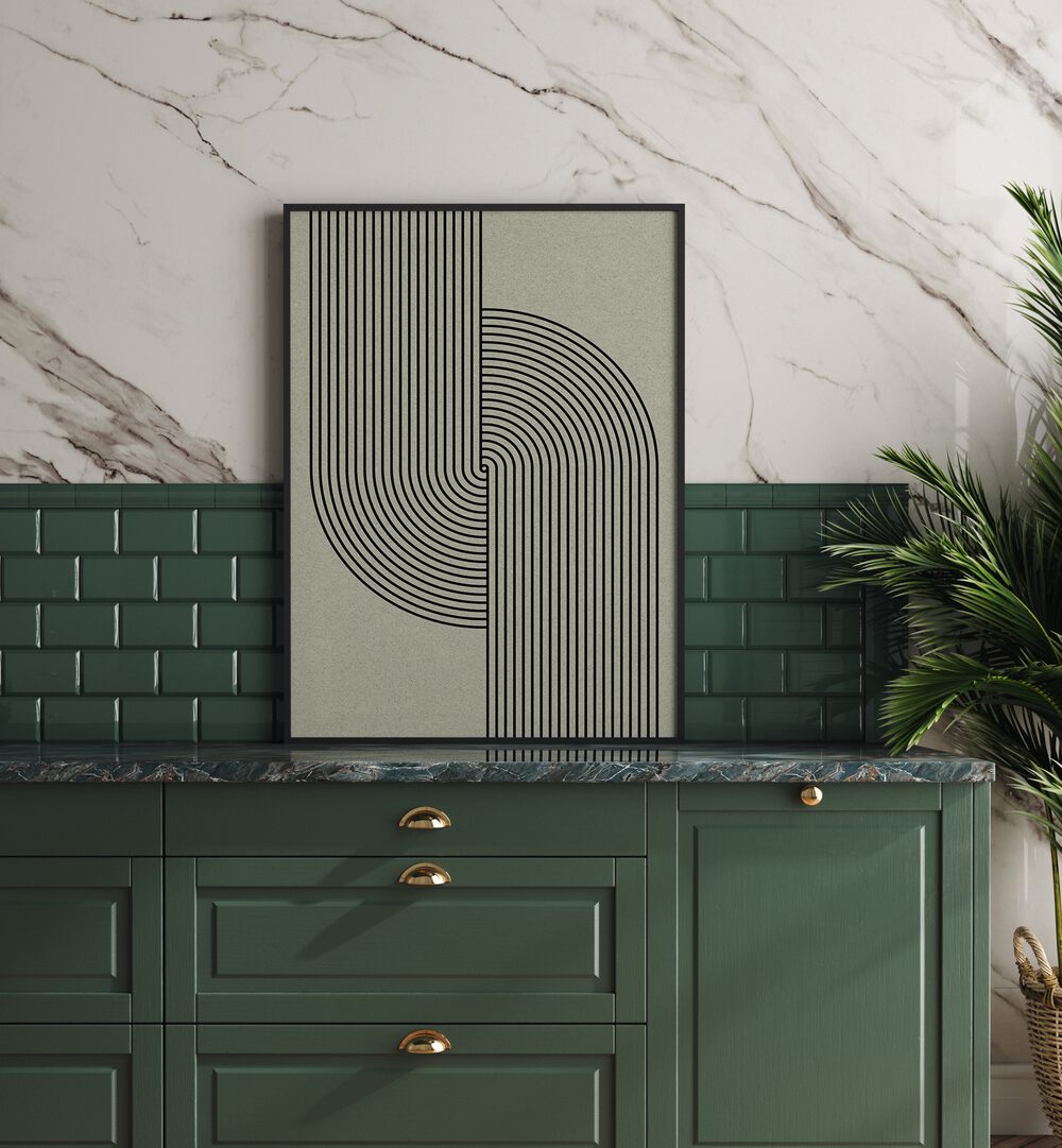 Elegant GREEN MID CENTURY MODERN, GEOMETRIC ART PRINTS displayed in a stylish kitchen, enhancing sophisticated decor.