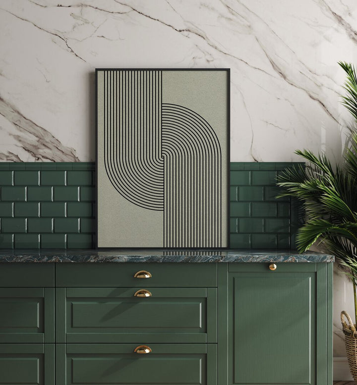 Elegant GREEN MID CENTURY MODERN, GEOMETRIC ART PRINTS displayed in a stylish kitchen, enhancing sophisticated decor.