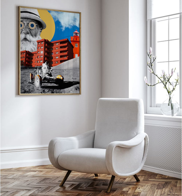 Colorful surreal art print titled "UNIVERSE," showcasing unique design in a modern living room setting.