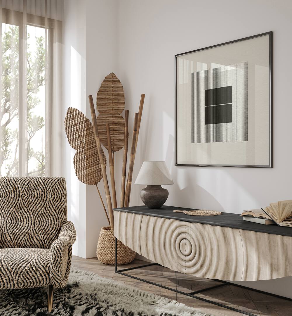 Stylish living room featuring PAPER OBJECT VI, GEOMETRIC ART PRINTS, enhancing elegance and modern design.