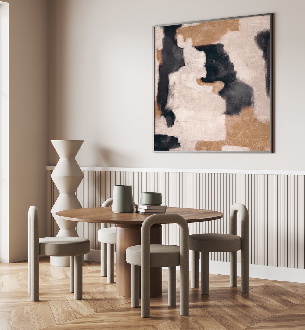 Stylish dining area featuring DYNAMIC BRUSHSTROKES II, ABSTRACT PAINTINGS, enhancing modern decor with elegance.