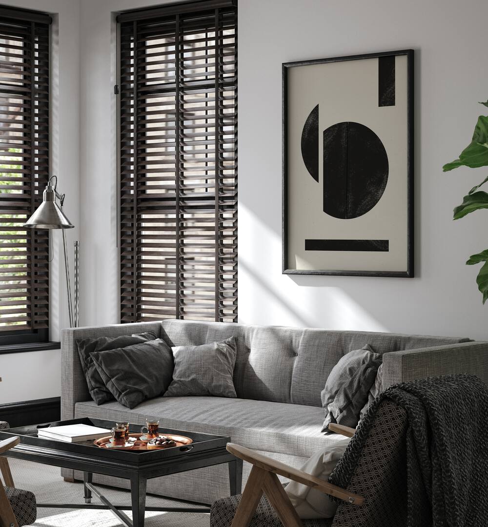 Elevate your space with ZEN NR1, GEOMETRIC ART PRINTS showcasing modern elegance in a stylish living room setting.