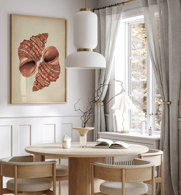Elegant SEASHELL VINTAGE, BEACH PAINTINGS adorn a stylish room, enhancing coastal charm and timeless beauty.