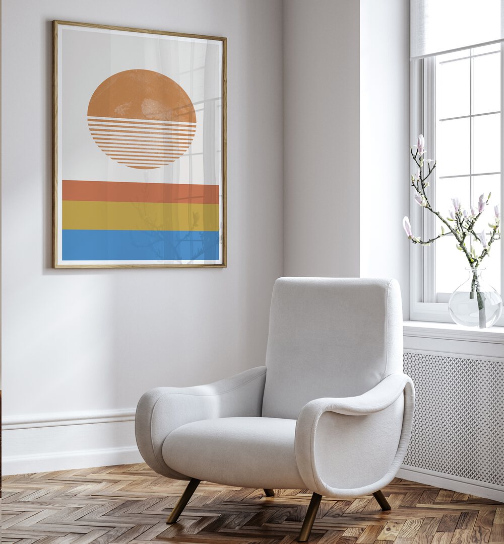Stylish living room featuring RETRO LANDESCAPE, GEOMETRIC ART PRINTS from The Miuus Studio in a modern frame.
