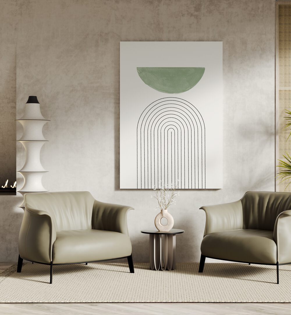Stylish interior featuring GREEN MOON III, BOHO ART PAINTINGS by THE MIUUS STUDIO, enhancing modern décor.