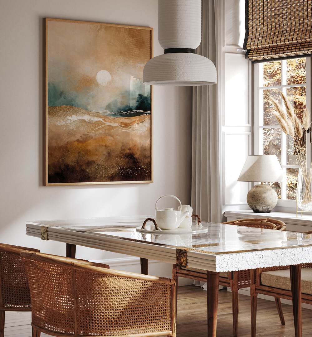 Tranquil Sunrise Over Misty Hills, abstract paintings create a serene ambiance in any modern space.