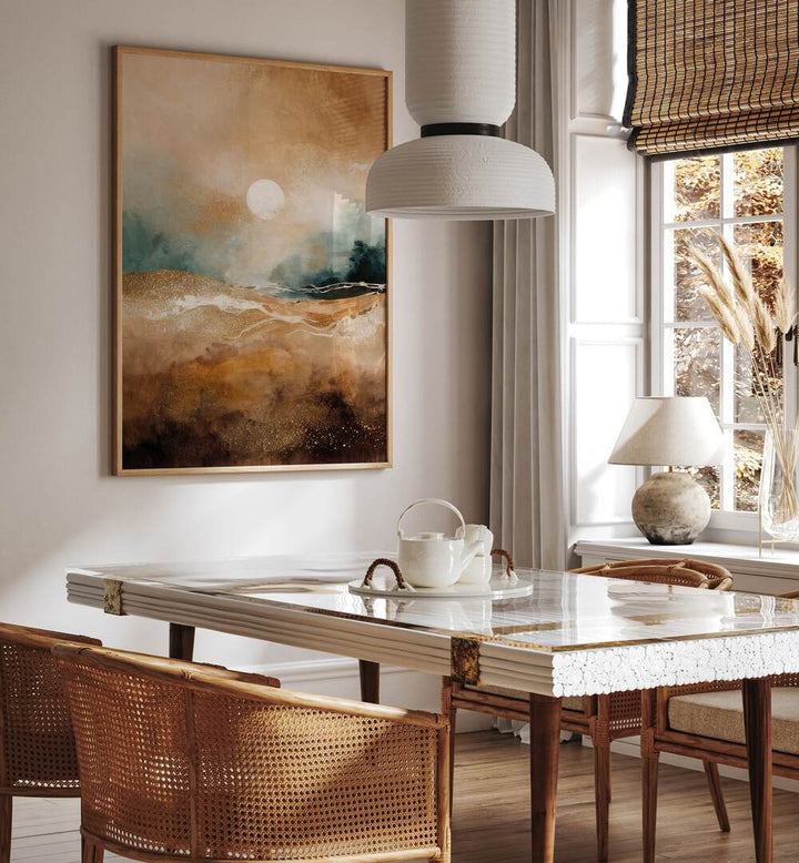 Tranquil Sunrise Over Misty Hills, abstract paintings create a serene ambiance in any modern space.