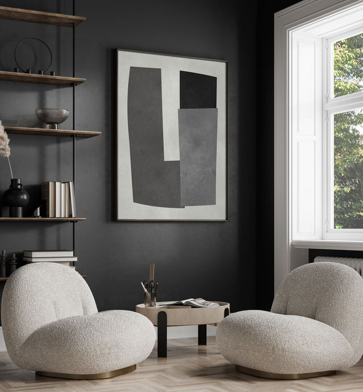 Stylish living room featuring MODERN SHAPES X, GEOMETRIC ART PRINTS, enhancing contemporary decor with elegance.