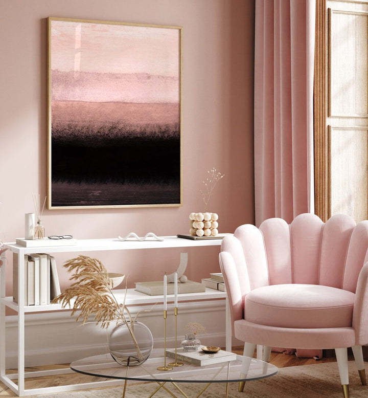 Elegant living room featuring SHADES OF PINK, ABSTRACT PAINTINGS, enhancing sophistication with soft pink hues.
