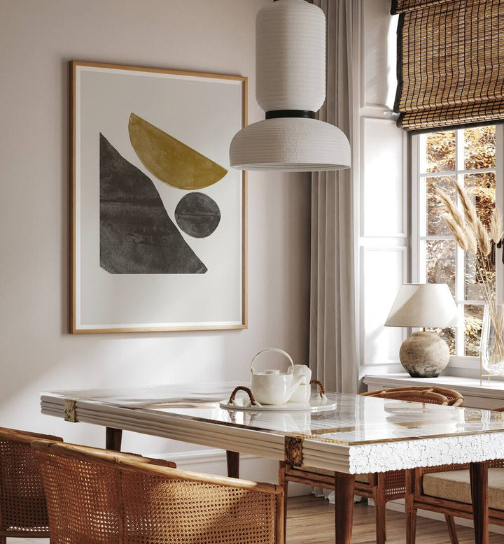 Modern dining area featuring NEW OBJECTS NO.II, GEOMETRIC ART PRINTS, adding elegance and harmony to the room.