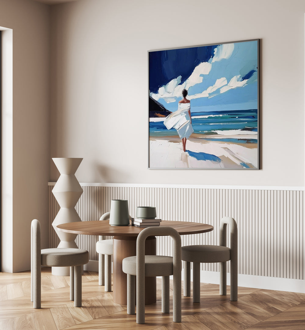 Stunning artwork of a woman walking on the beach, evoking tranquility and coastal vibes for art lovers.