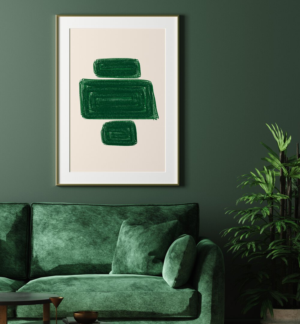 SIMPLEX I, GEOMETRIC ART PRINTS elegantly enhance modern decor with bold geometric designs and rich green tones.