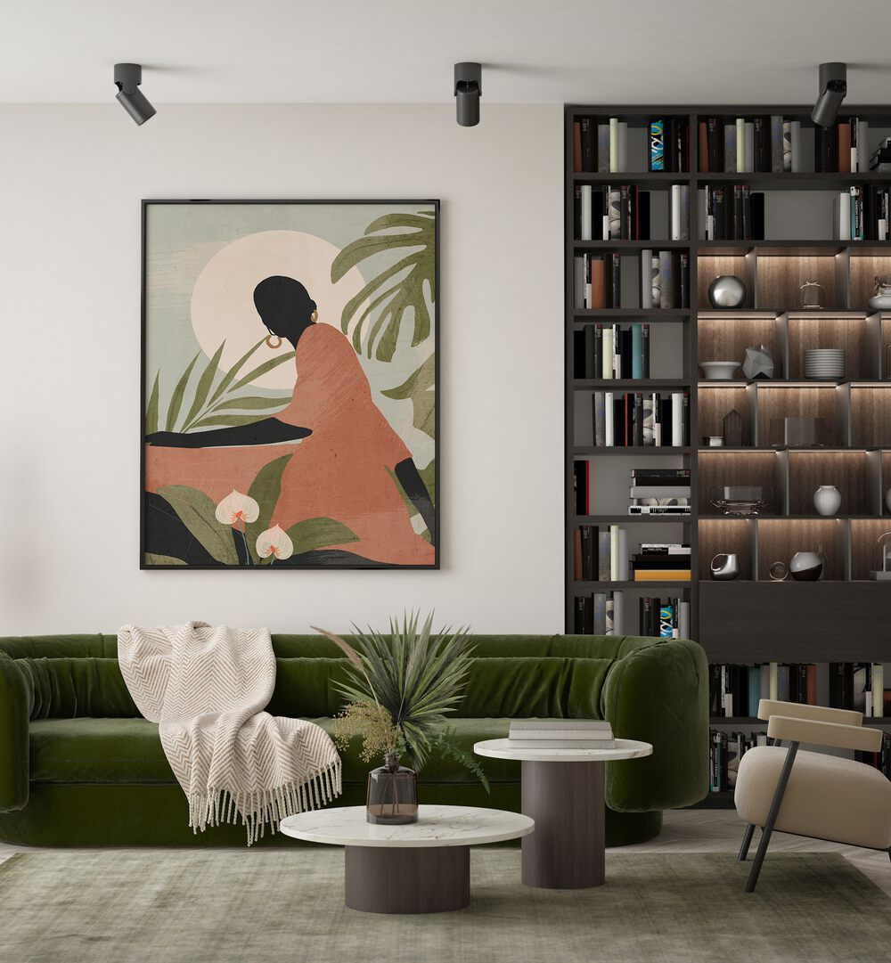 SERENE SUNLIT SILHOUETTE, BOHO ART PAINTINGS brightens up a modern living space with bohemian charm and elegance.