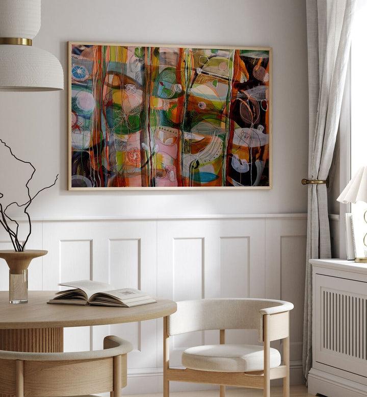 Colorful VIBRANT WHIMSY, ABSTRACT PAINTINGS adorn a modern living space, enhancing your home decor with artistic flair.